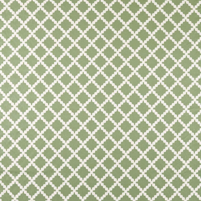 Muted pine green woven fabric with a small cream geometric trellis pattern