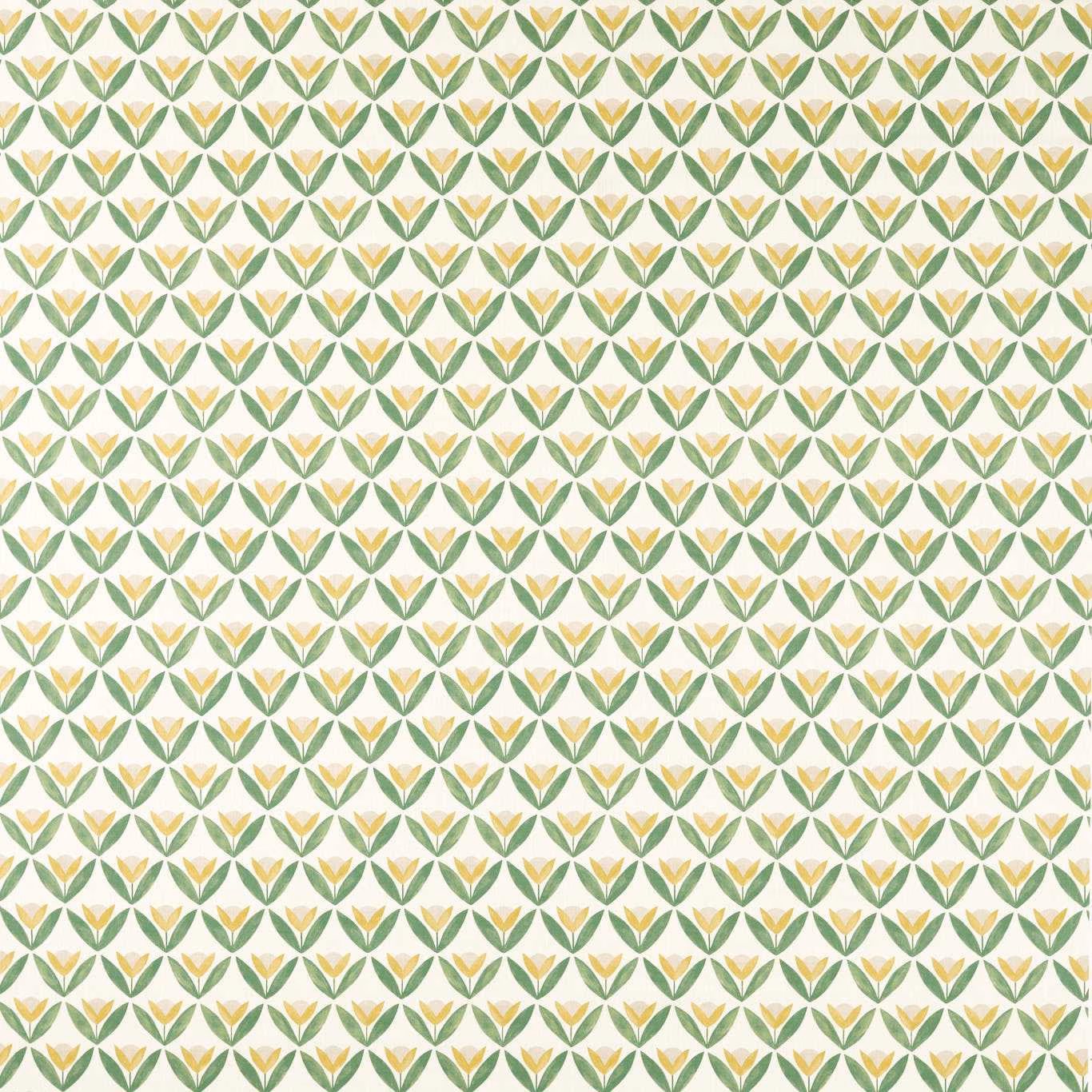 Cream fabric with repeating sage leaf trellises and honey tulip shapes