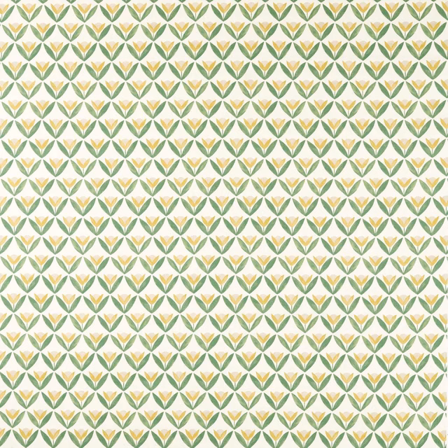 Cream fabric with repeating sage leaf trellises and honey tulip shapes
