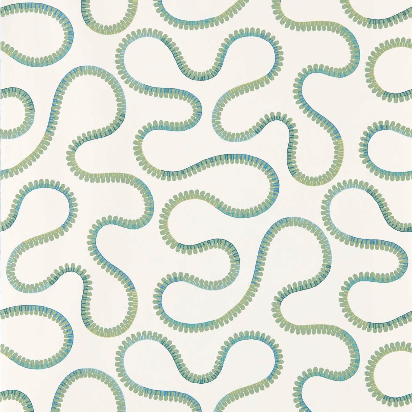 Cream wallpaper with looping sage and teal scalloped serpentine motifs