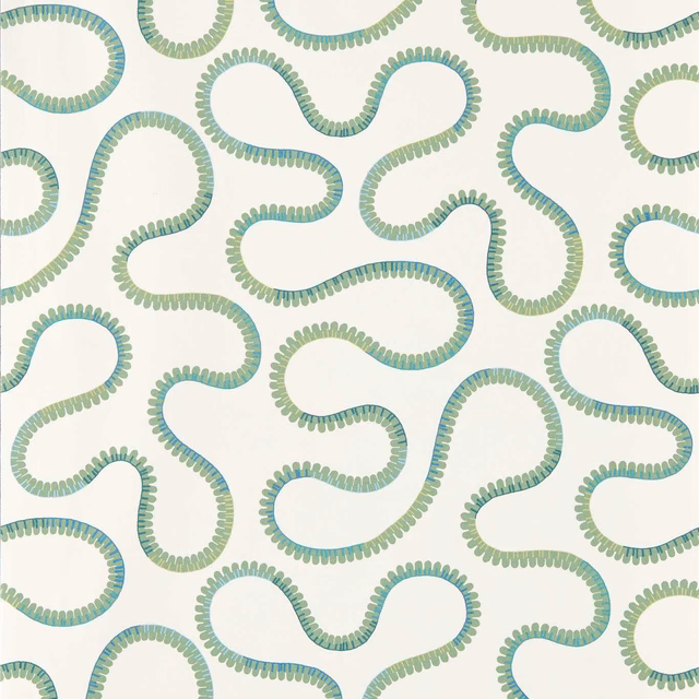 Cream wallpaper with looping sage and teal scalloped serpentine motifs