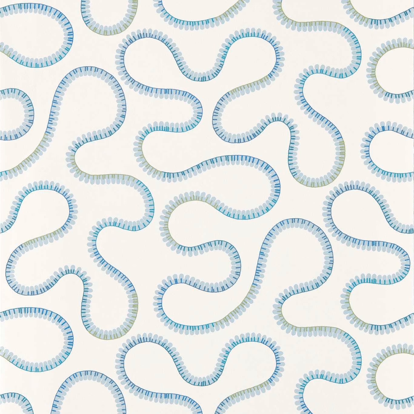 Sky-blue and pale sage looping brush-mark motifs on a warm ivory wallpaper ground