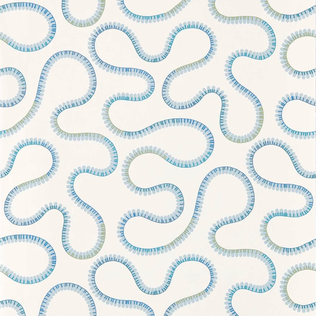 Sky-blue and pale sage looping brush-mark motifs on a warm ivory wallpaper ground
