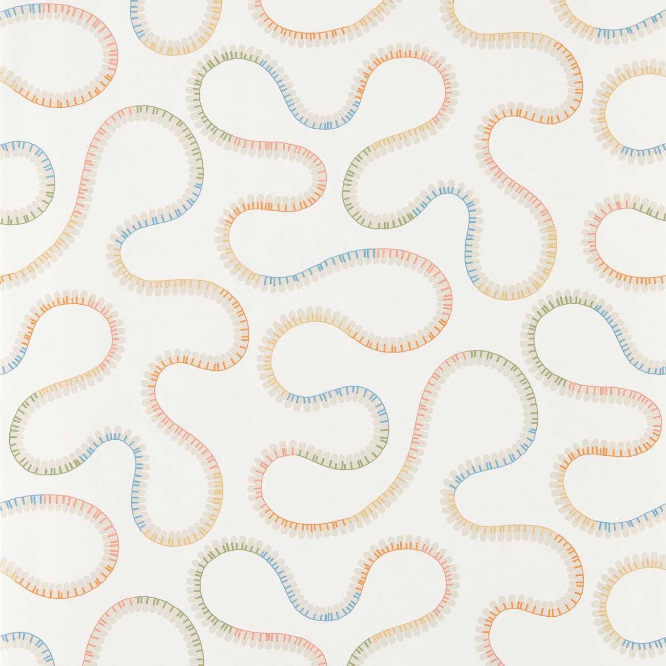 Pastel coral, blue, green and ochre loop motifs on an ivory ground