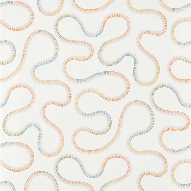 Pastel coral, blue, green and ochre loop motifs on an ivory ground