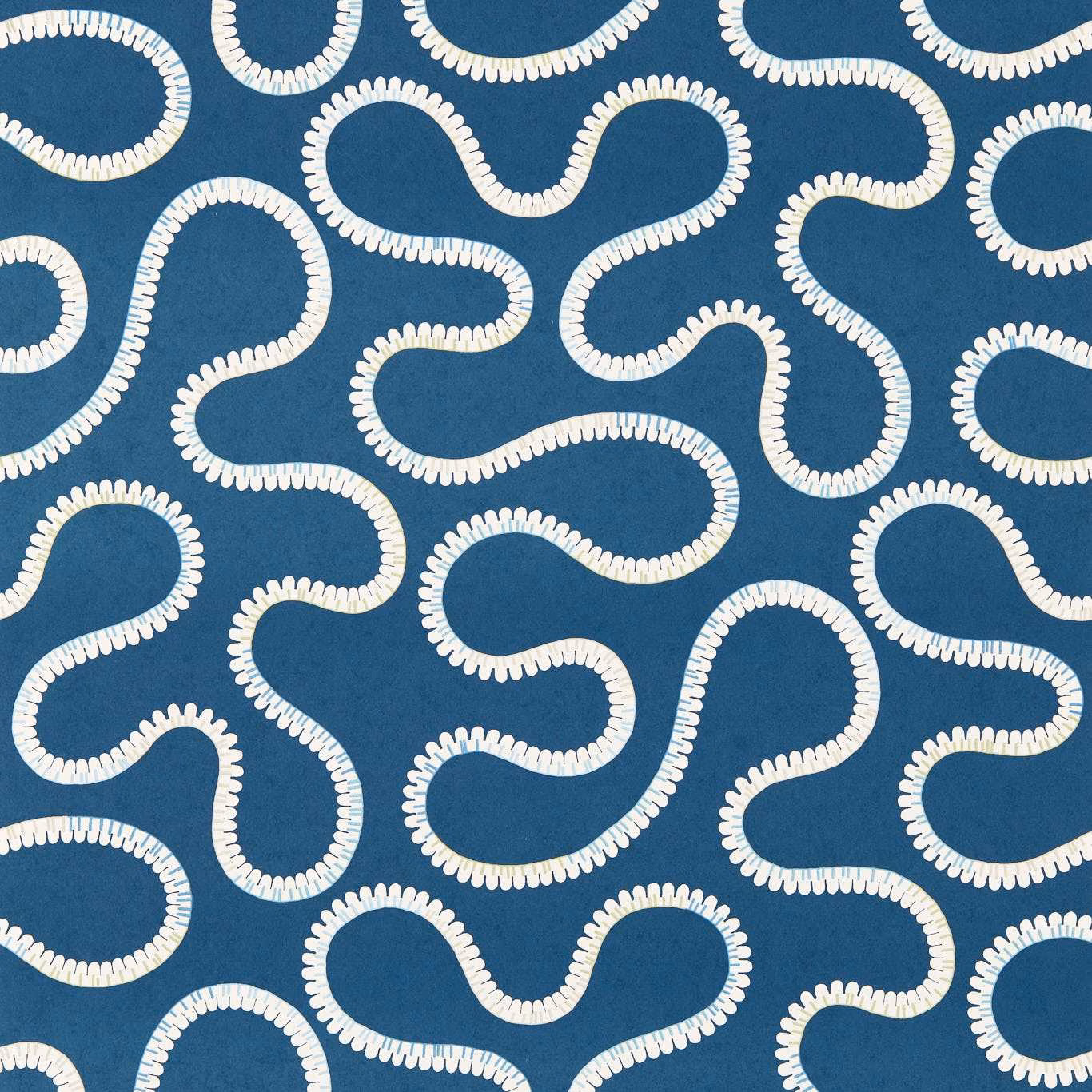 Deep teal wallpaper with cream scalloped looping lines in an organic repeat