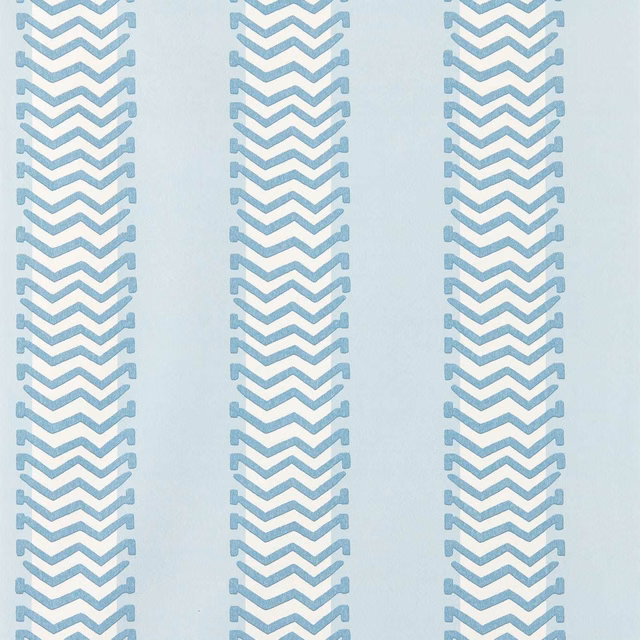 Pale blue wallpaper with three columns of muted blue zigzag chevrons