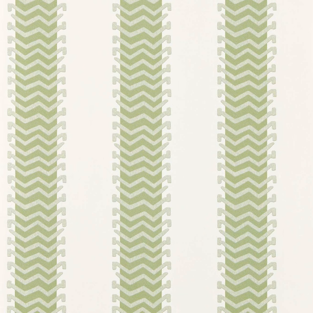 Muted pine-green chevron columns with pale side motifs on an ivory ground
