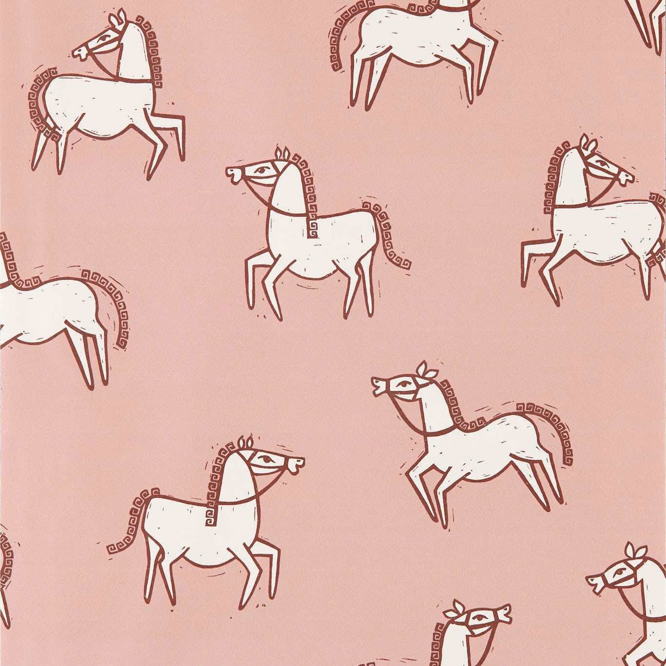 Blush pink wallpaper with cream horses, burgundy outlines and patterned tails