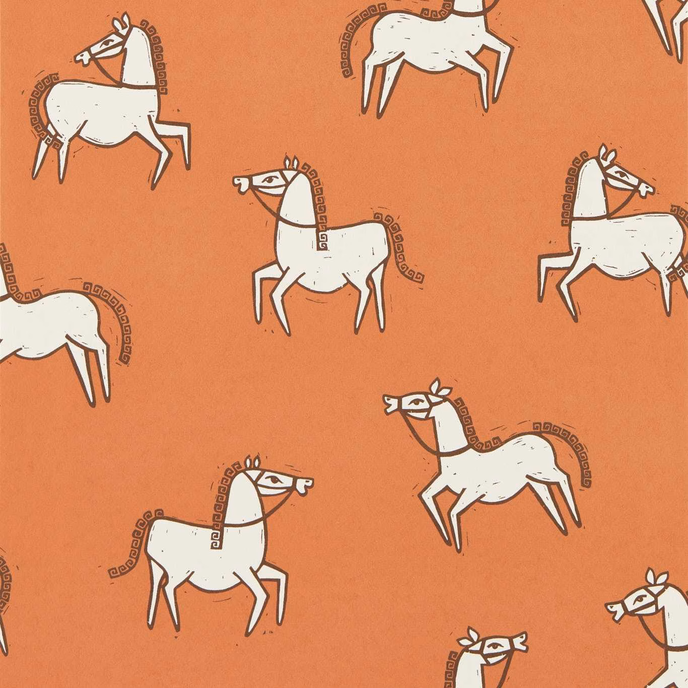 Brick-orange wallpaper with scattered white horses and dark patterned outlines