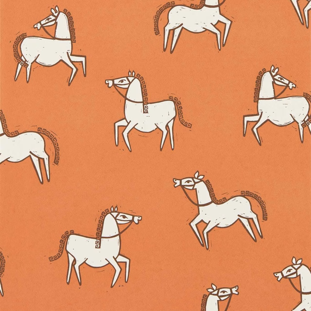 Brick-orange wallpaper with scattered white horses and dark patterned outlines