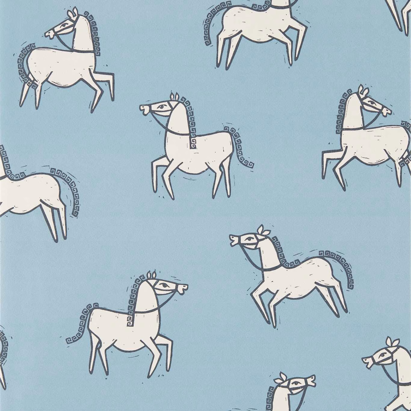 Muted denim-blue wallpaper with ivory horses and patterned charcoal manes
