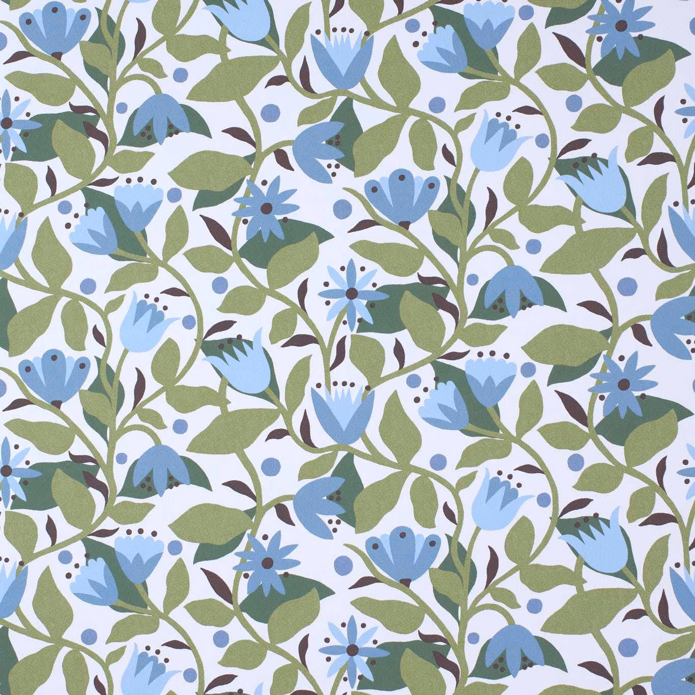 Cornflower blue and olive daisy vines on a pale cream ground