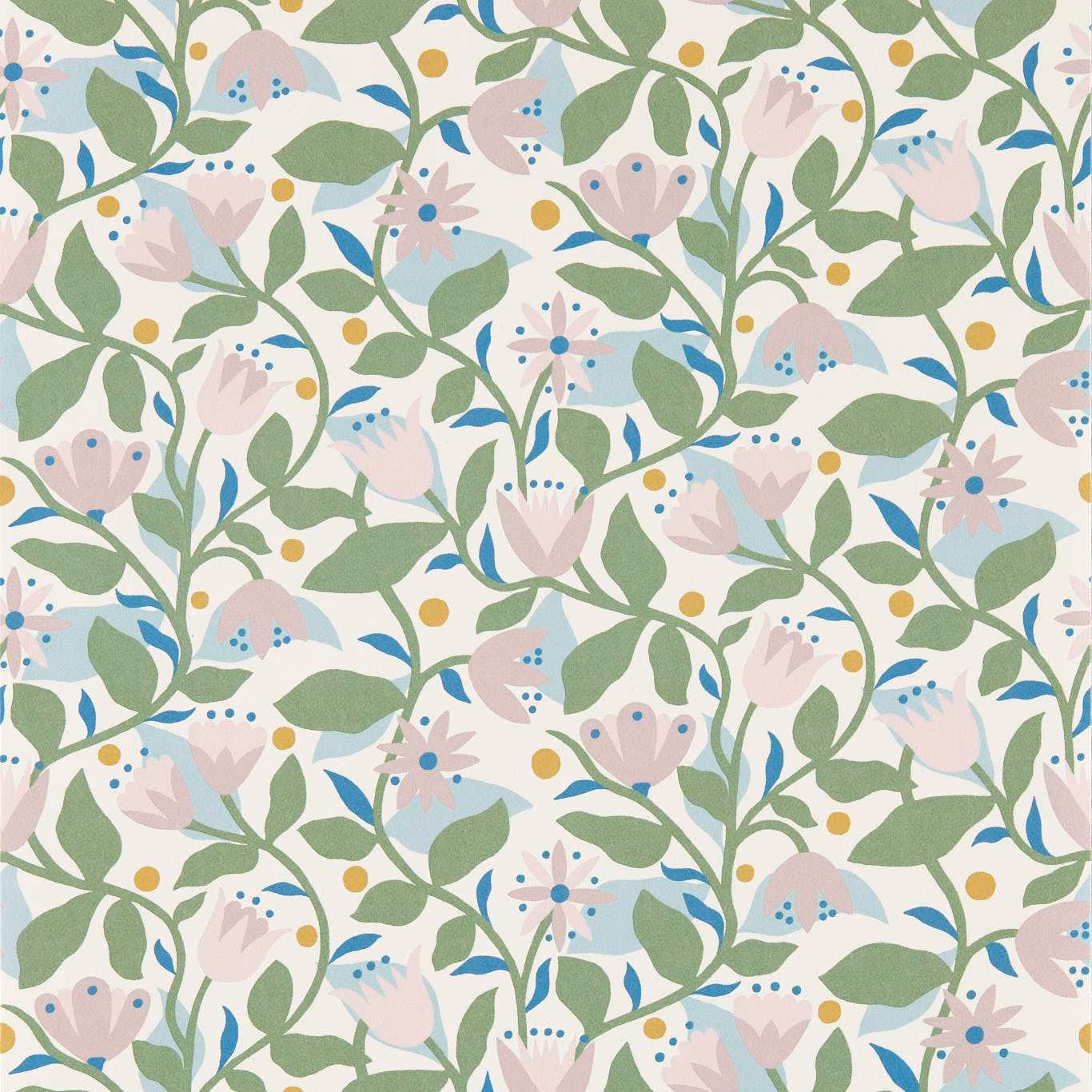 Pastel lilac floral wallpaper with sage leaves, blue accents and pink flowers