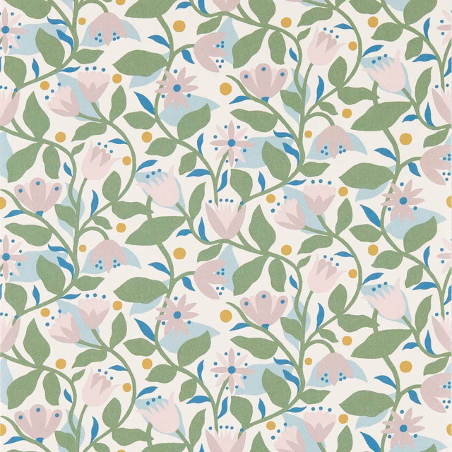 Pastel lilac floral wallpaper with sage leaves, blue accents and pink flowers