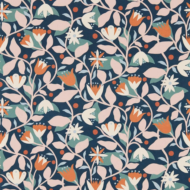 Midnight blue wallpaper with pink, cream, orange and teal daisy vines
