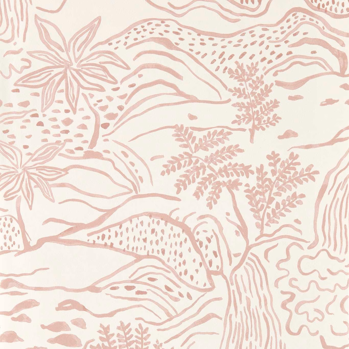 Dusty blush pink botanical landscape lines and leafy sprigs on an ivory ground