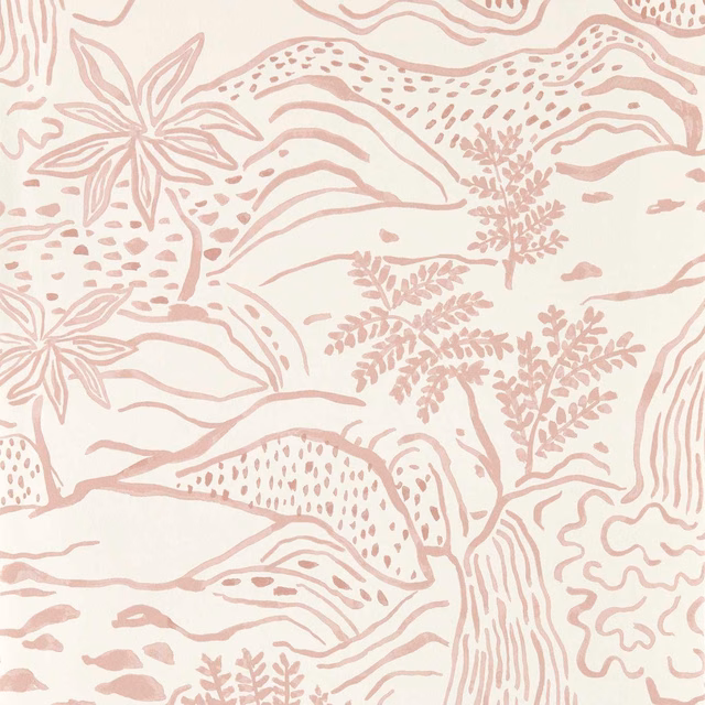Dusty blush pink botanical landscape lines and leafy sprigs on an ivory ground
