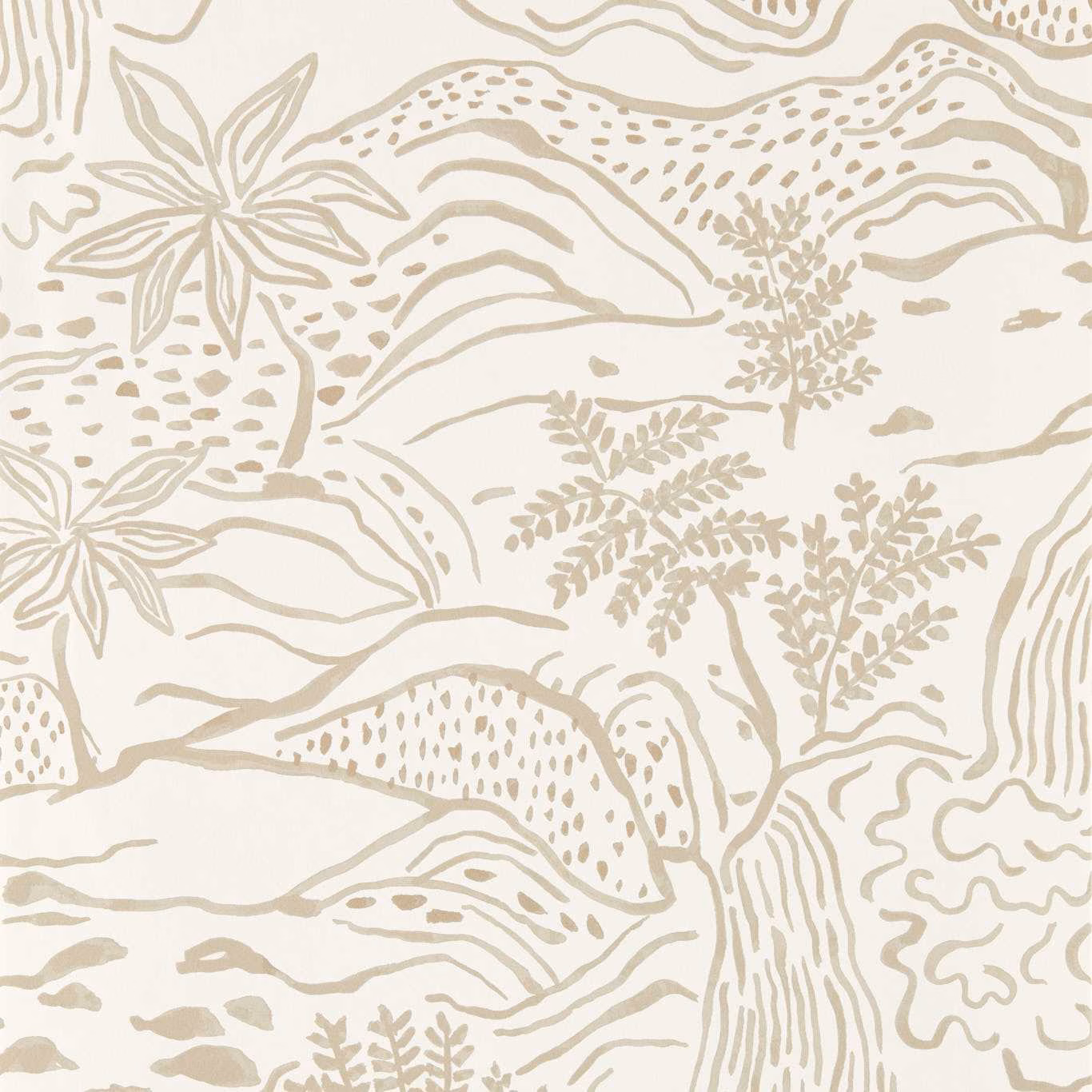 Ivory wallpaper with pale taupe fern sprigs, contour lines and organic landscape forms