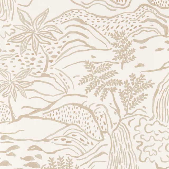 Ivory wallpaper with pale taupe fern sprigs, contour lines and organic landscape forms