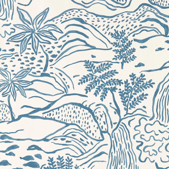 Cream wallpaper with slate-blue botanical, animal and flowing landscape motifs