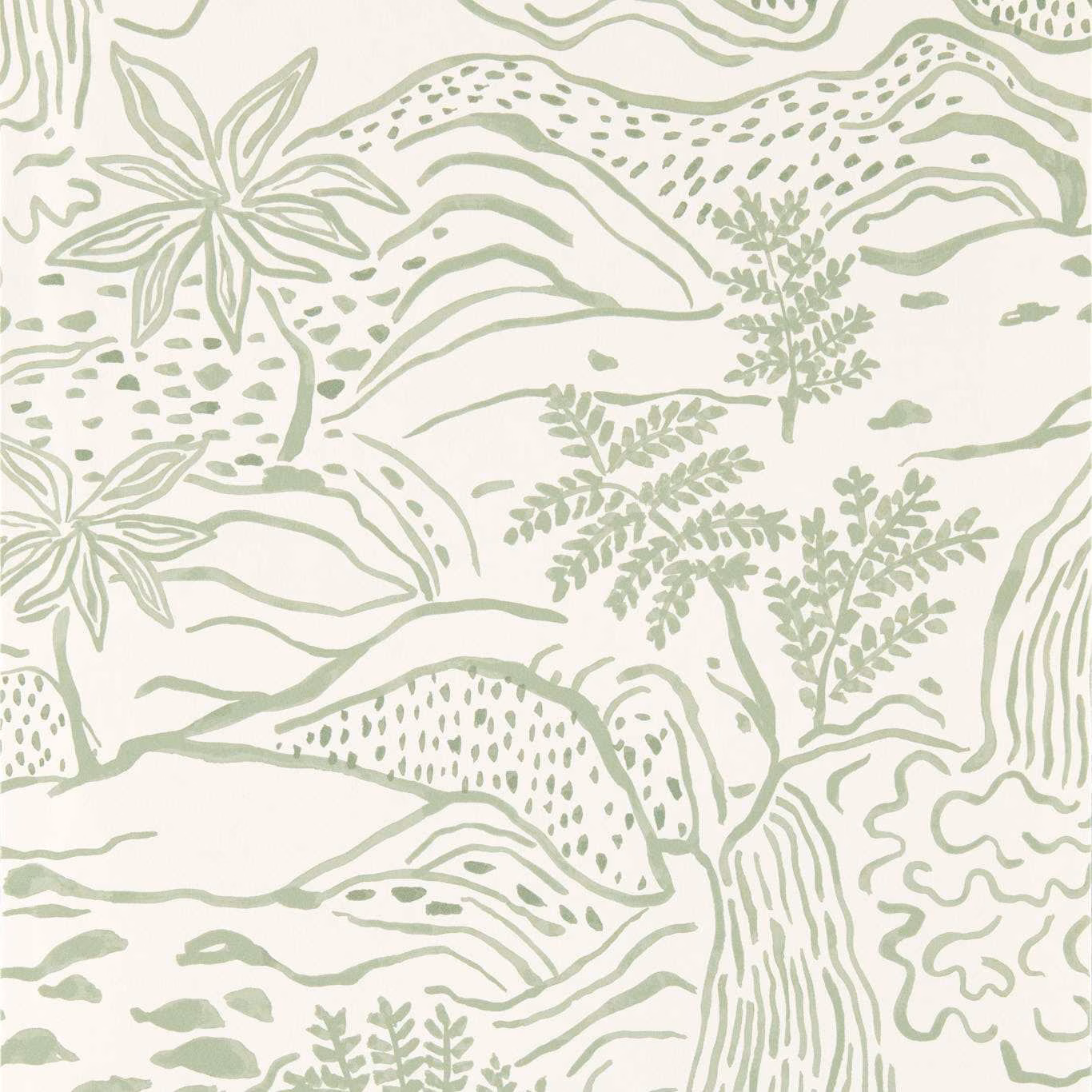 Muted sage botanical and spotted organic motifs on a soft cream wallpaper ground