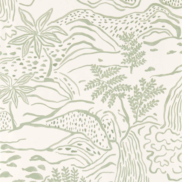 Muted sage botanical and spotted organic motifs on a soft cream wallpaper ground