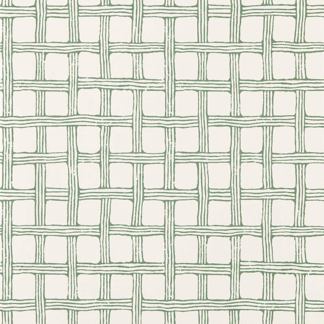 Cream wallpaper with muted forest-green fretwork grid and hand-drawn lines
