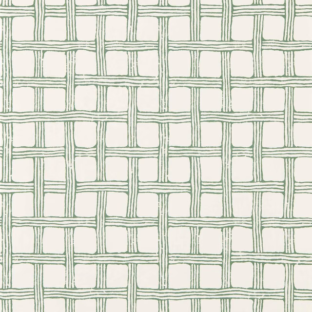 Cream wallpaper with muted forest-green fretwork grid and hand-drawn lines
