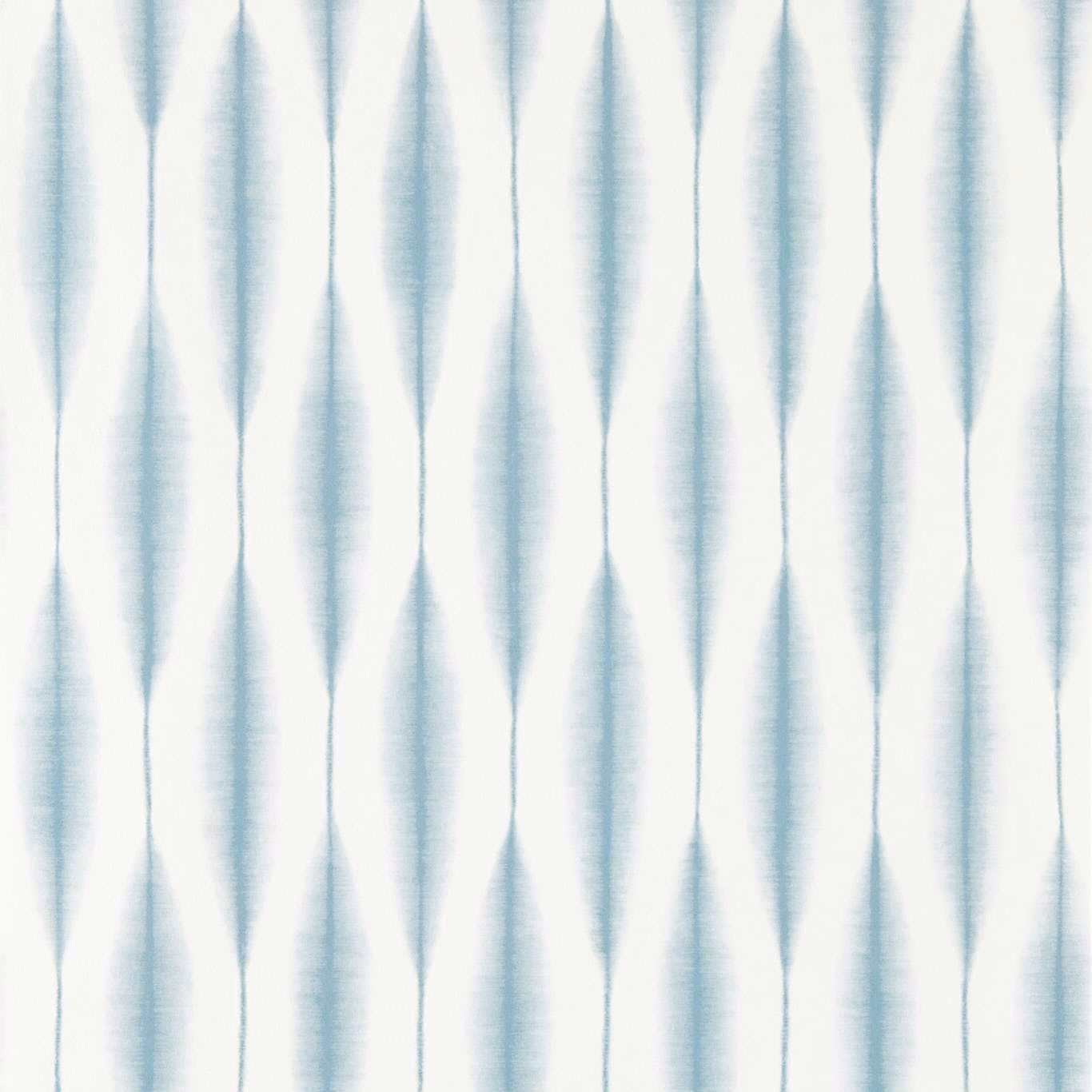 Pale blue elongated ikat diamonds fading vertically across a white wallpaper ground
