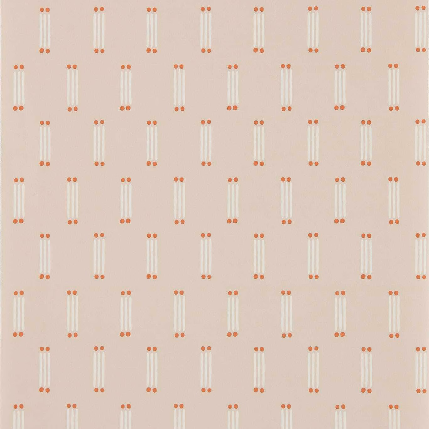 Dusty blush wallpaper with ivory matchsticks and terracotta dot ends in a regular grid