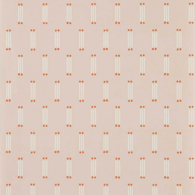 Dusty blush wallpaper with ivory matchsticks and terracotta dot ends in a regular grid