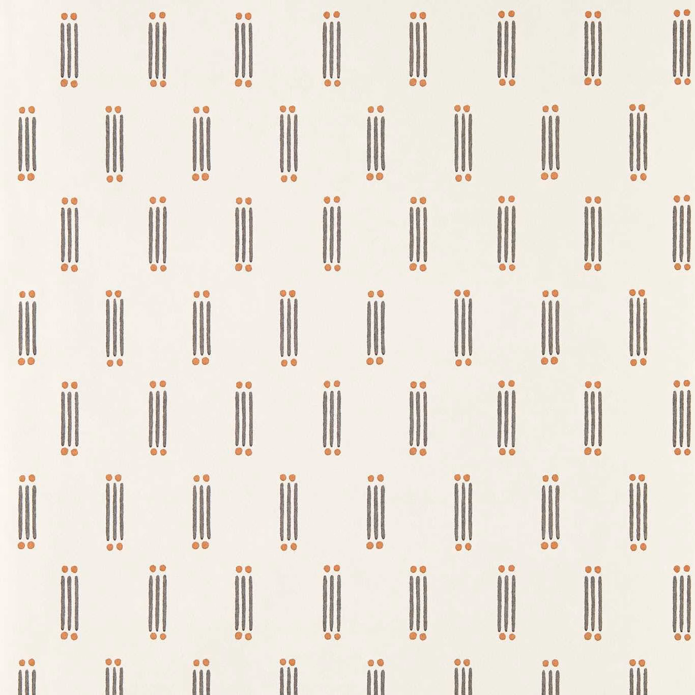 Off-white wallpaper with repeating slate-grey bars and terracotta dot details