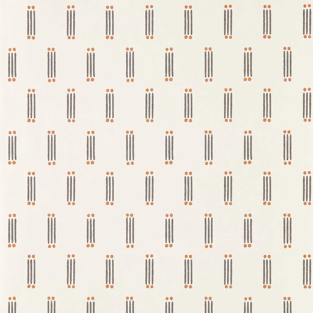 Off-white wallpaper with repeating slate-grey bars and terracotta dot details