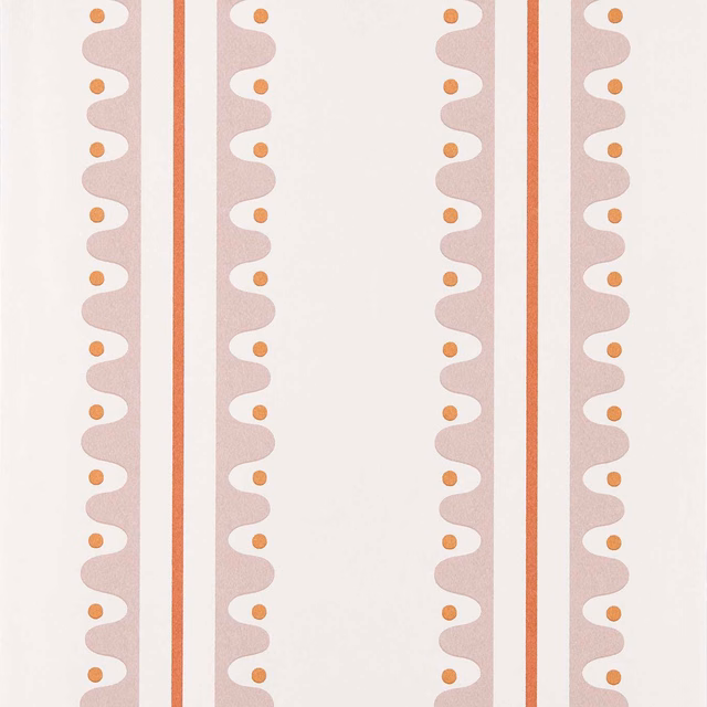Blush pink wavy stripes with orange dots and terracotta lines on cream wallpaper