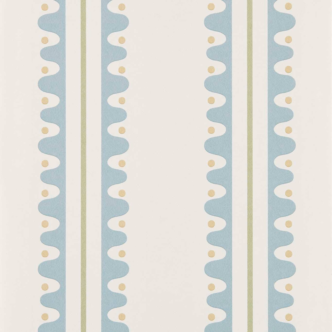 Pale blue scalloped stripes on cream with ochre dots and fine olive lines