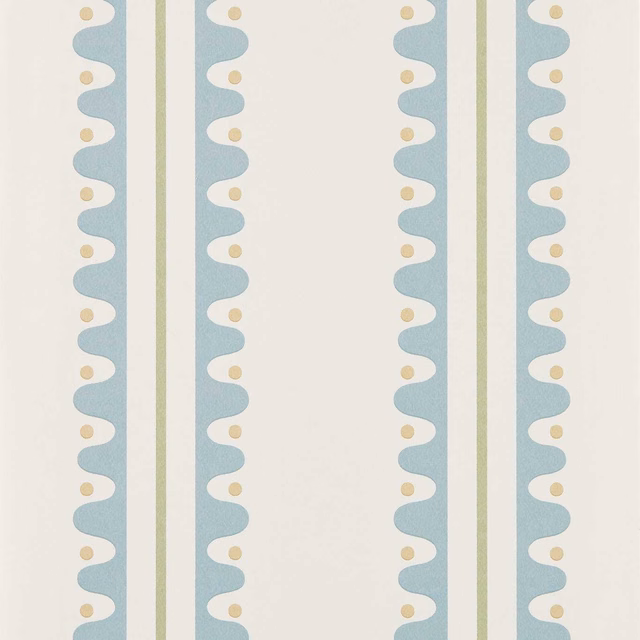Pale blue scalloped stripes on cream with ochre dots and fine olive lines