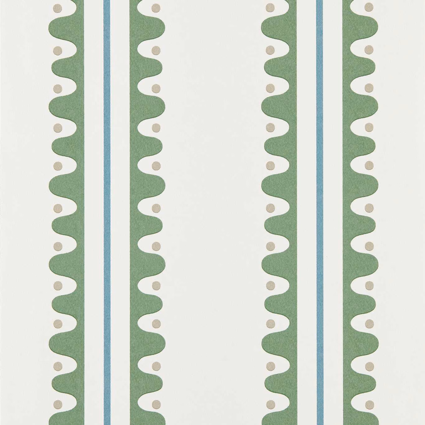 Cream wallpaper with sage wave stripes, teal lines and taupe dot accents