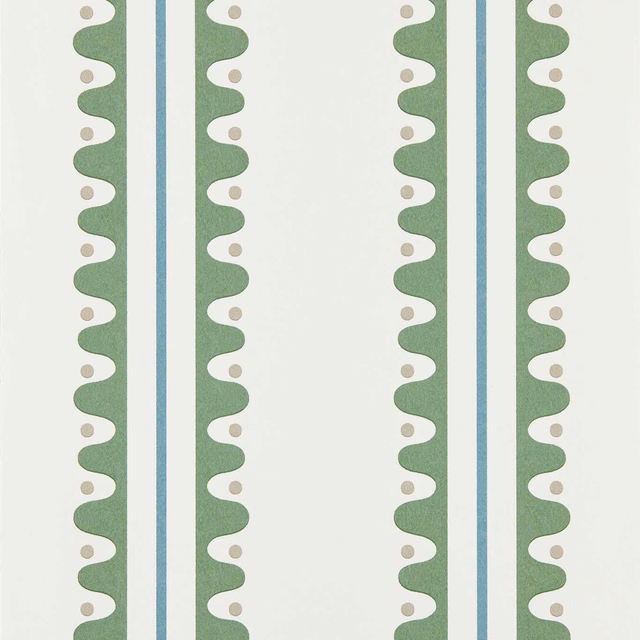 Cream wallpaper with sage wave stripes, teal lines and taupe dot accents
