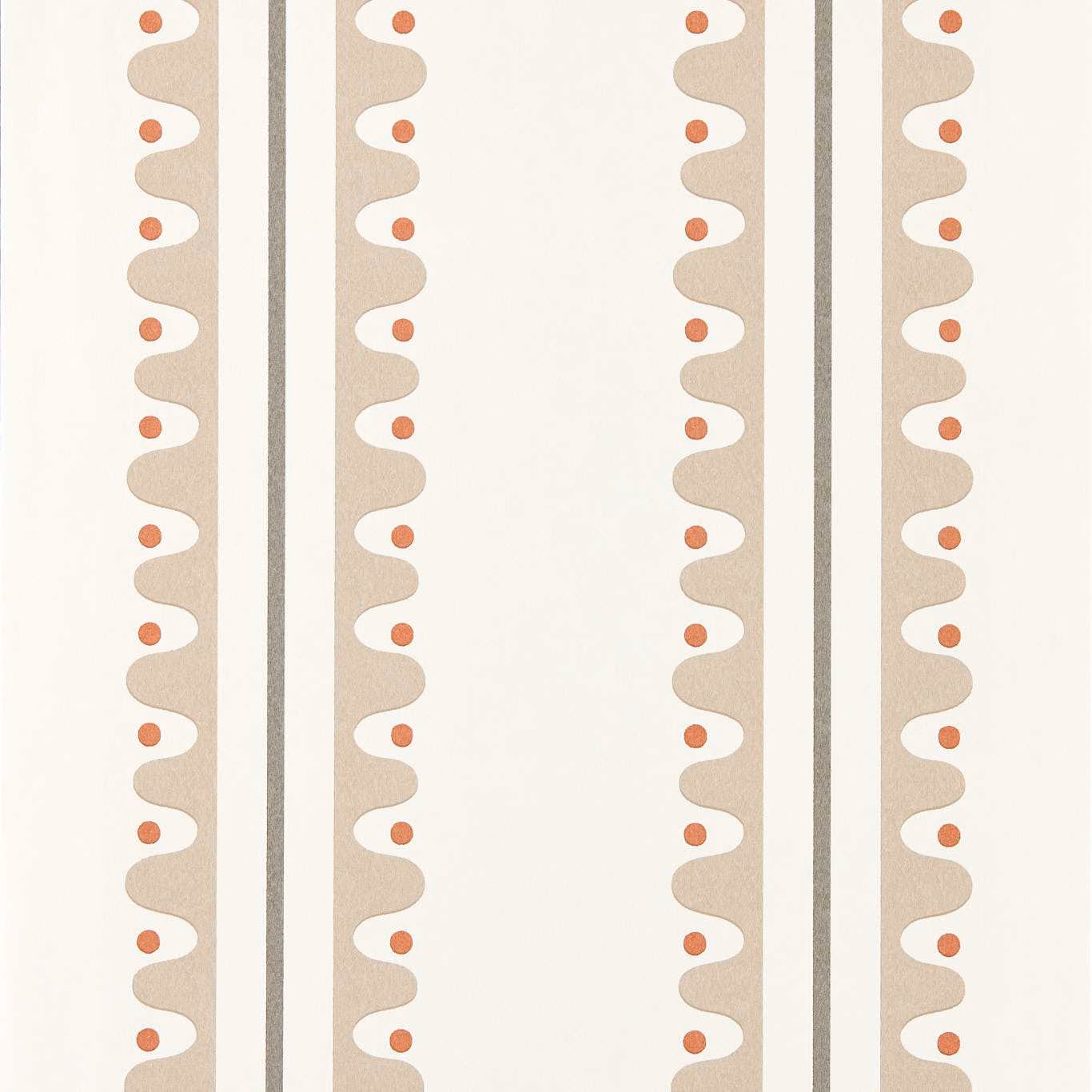 Mushroom and cream vertical wallpaper stripes with coral dots and scalloped edges