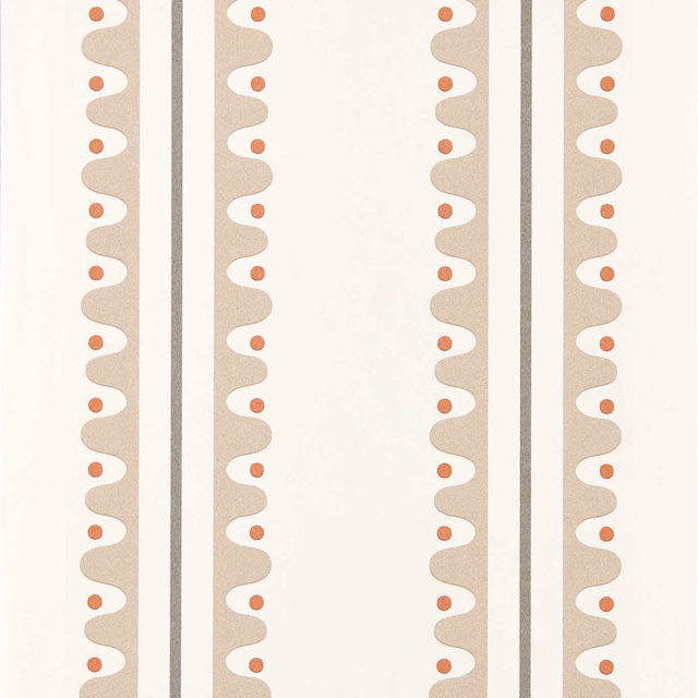 Mushroom and cream vertical wallpaper stripes with coral dots and scalloped edges