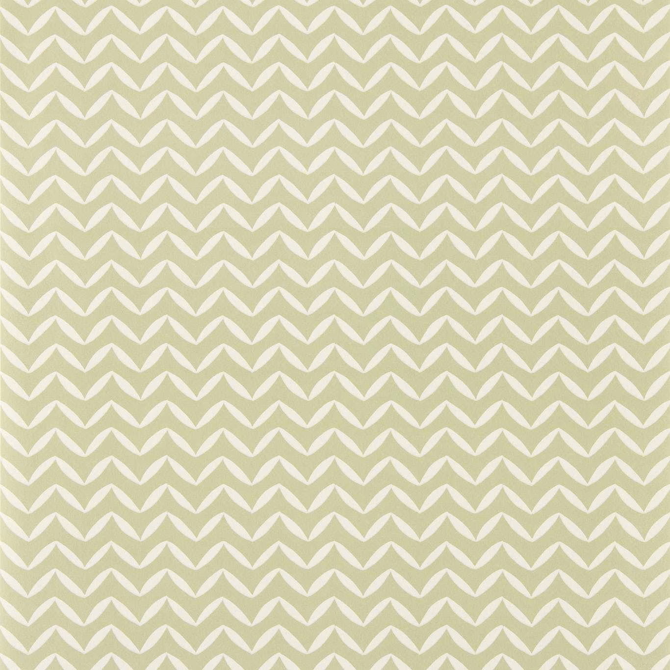 Soft sage wallpaper with small ivory leaf-chevron motifs in regular rows