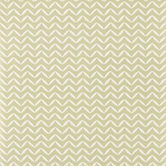 Soft sage wallpaper with small ivory leaf-chevron motifs in regular rows