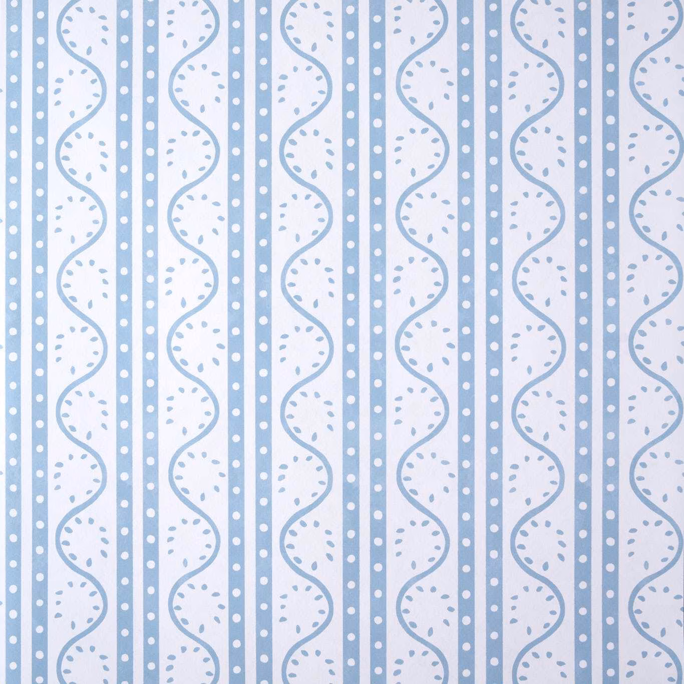 Powder-blue and white wallpaper with wavy vertical bands and dotted stripes