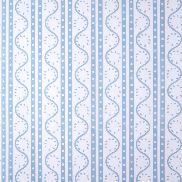 Powder-blue and white wallpaper with wavy vertical bands and dotted stripes
