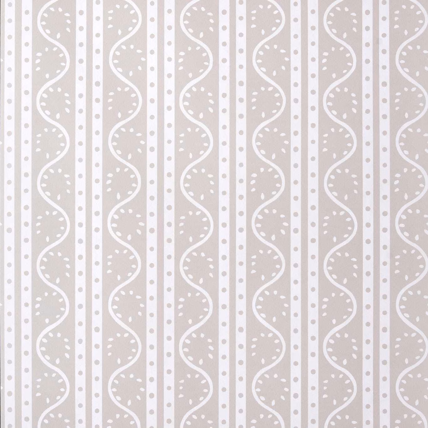 Pale taupe-grey wallpaper with white looping stripes, vertical bands and dotted accents
