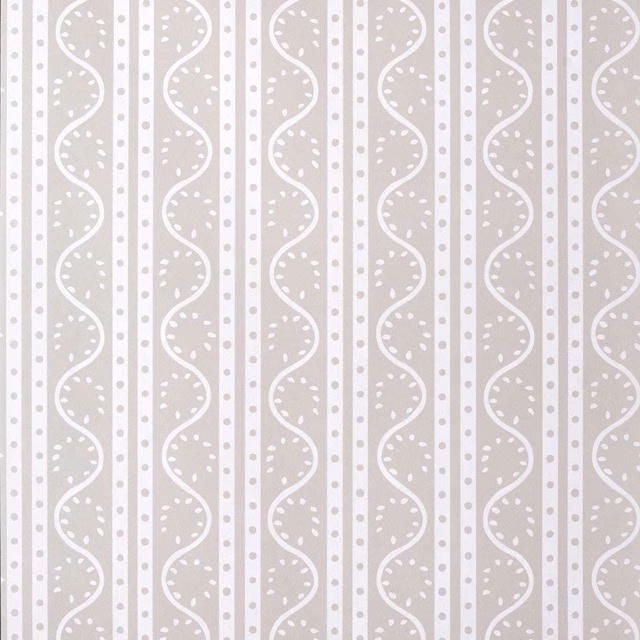 Pale taupe-grey wallpaper with white looping stripes, vertical bands and dotted accents