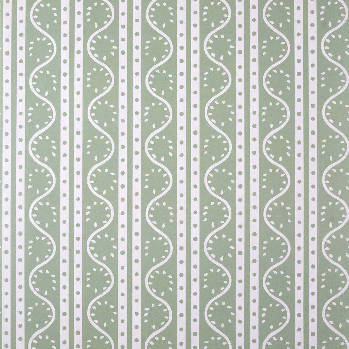 Muted sage wallpaper with white looping lines, vertical bands and scattered dots