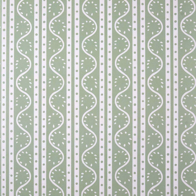 Muted sage wallpaper with white looping lines, vertical bands and scattered dots