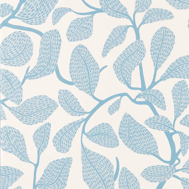 Pale coast-blue leafy branches with dotted interiors on a warm ivory wallpaper ground